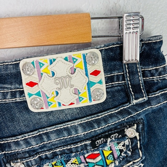 Miss Me Denim Colorful Geometric South western Style Denim Jean Mini Shorts - Picture 5 of 10
